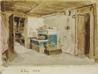 Farmhouse Room with Green Stove by Albert Anker